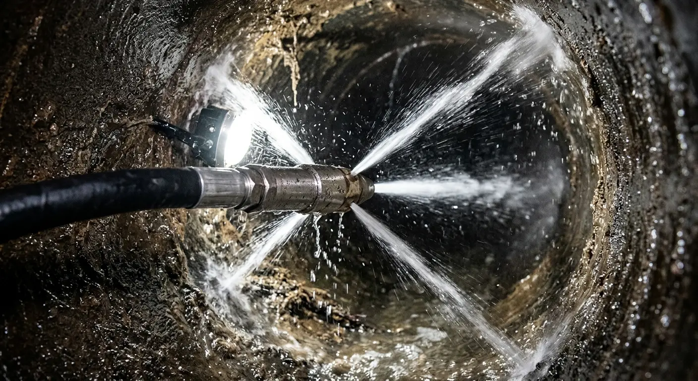 High-pressure hydro jetting nozzle cleaning sewer pipe for Emergency Drain Service in Fruit Cove