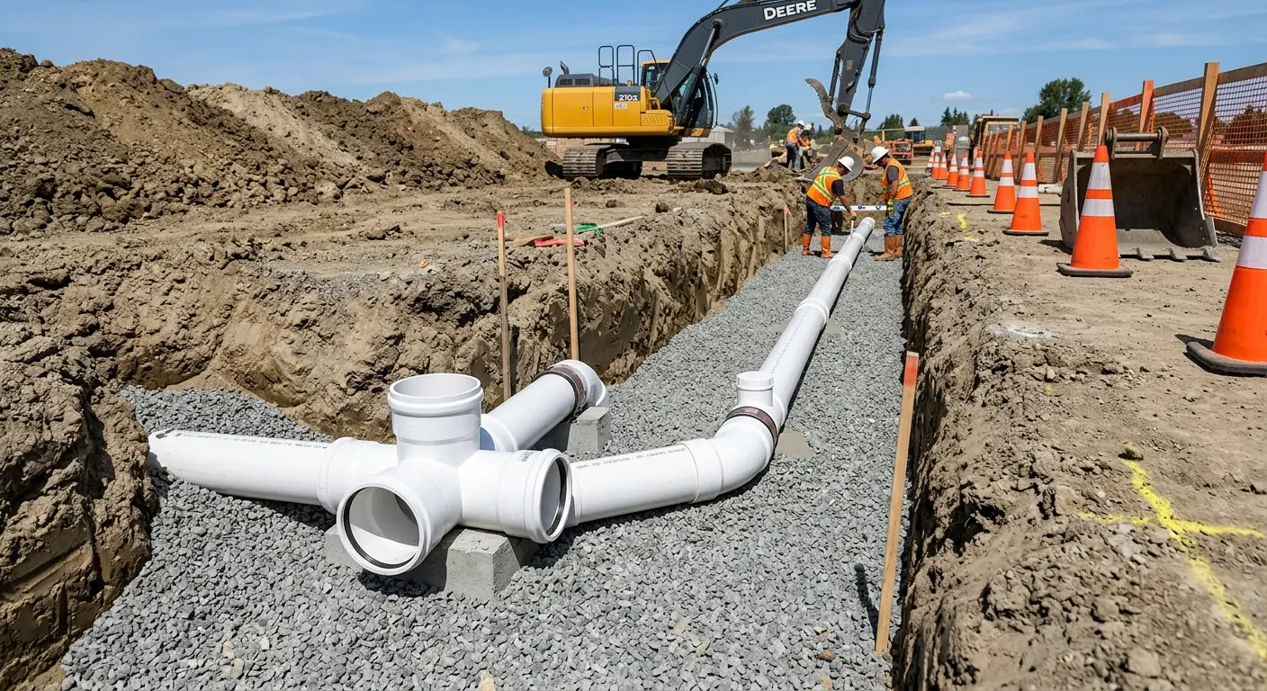 New PVC sewer pipe installation in open trench for Sewer Backup in Fruit Cove