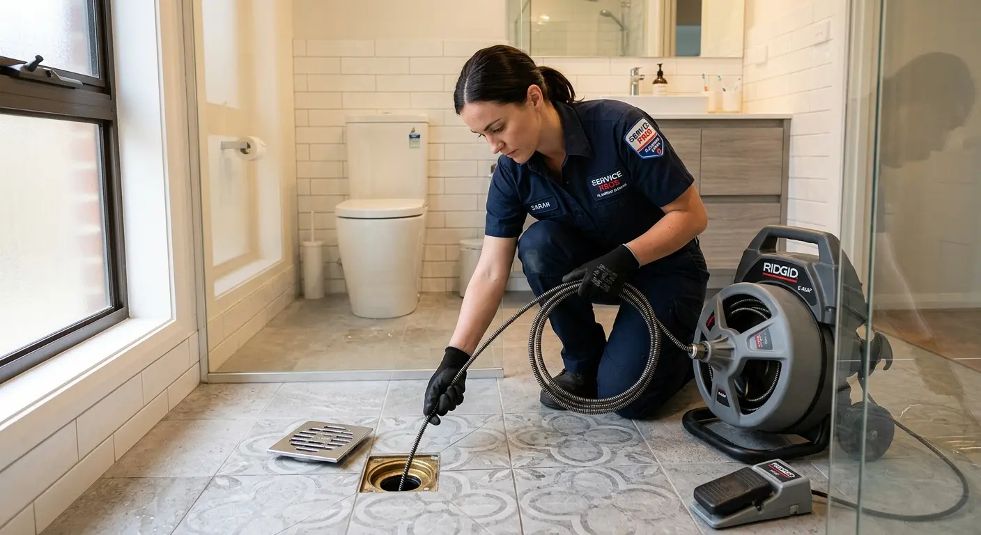Technician clearing a bathroom floor drain for Clogged Drain Repair in Fruit Cove